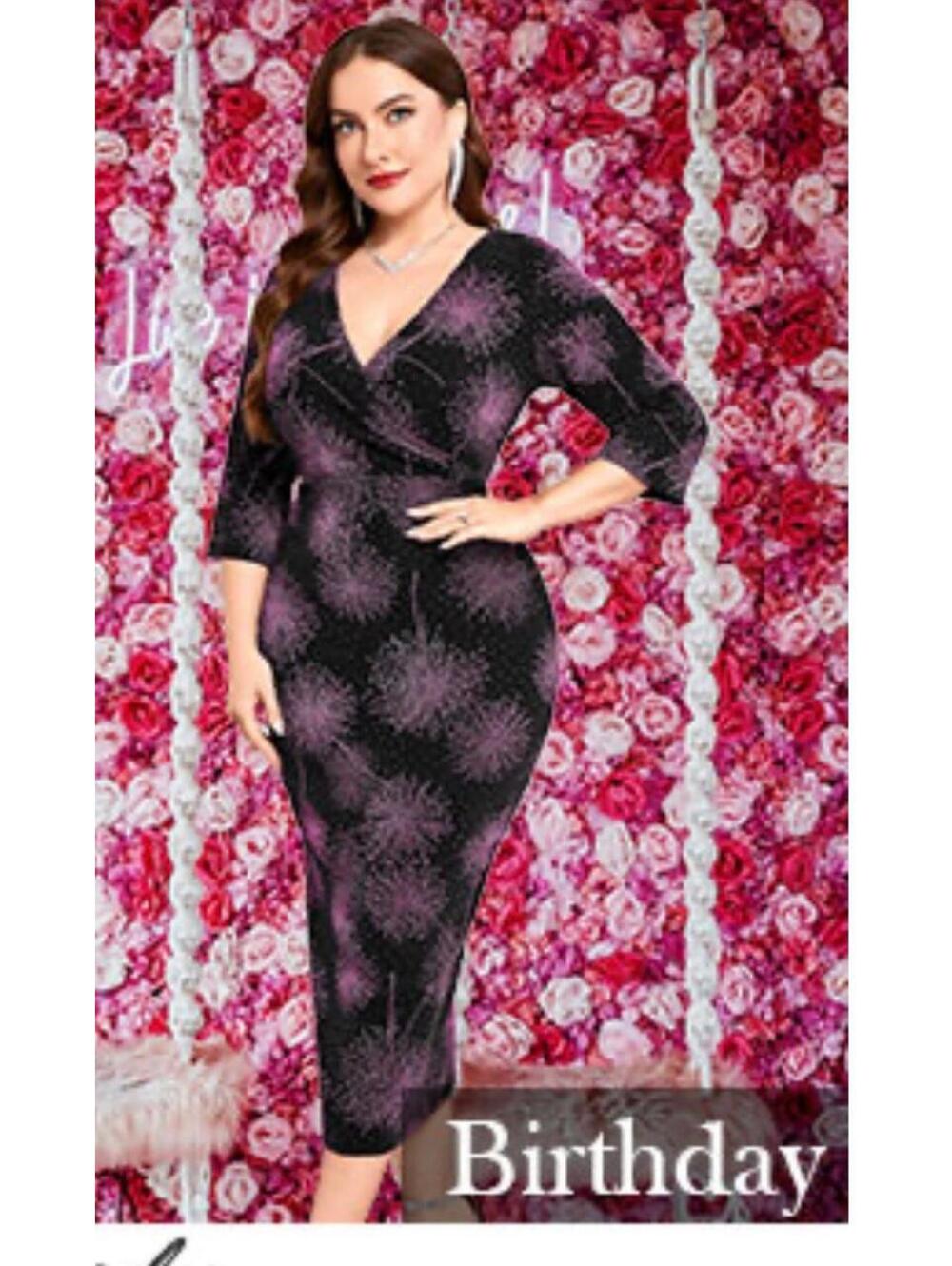 ZOMVA Plus Size Sparkly Wrap Dress 3/4 Sleeve Firework Glitter Size 2XL [COPY]2